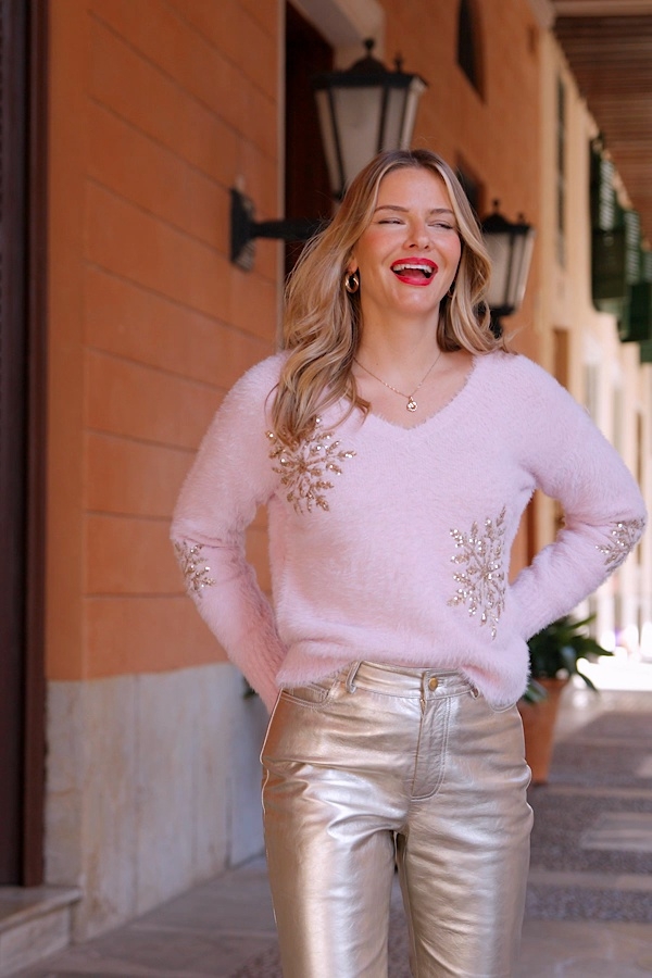 Soft Pink Fluffy Knit Sequin Snowflake Jumper