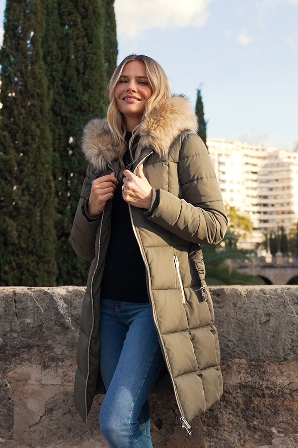 Khaki Faux Fur Trim Luxe Longline Padded Coat
