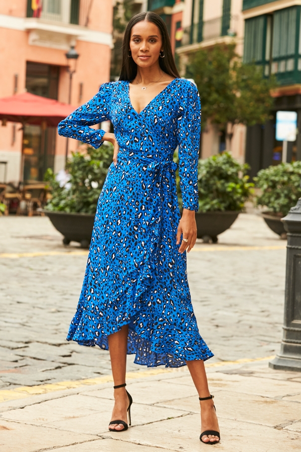 Blue Animal Print Ruffle Hem Wrap Dress