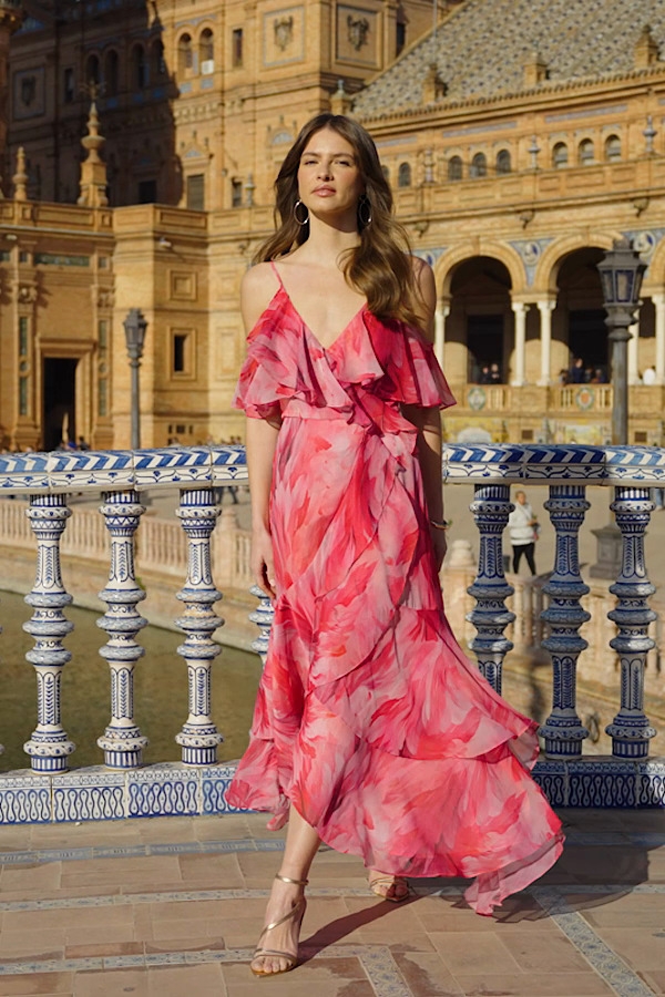 Pink Floral Print Cold Shoulder Ruffle Maxi Dress