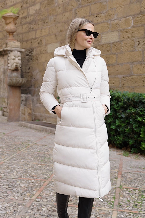 Ivory Longline Padded Coat With Removable Hood