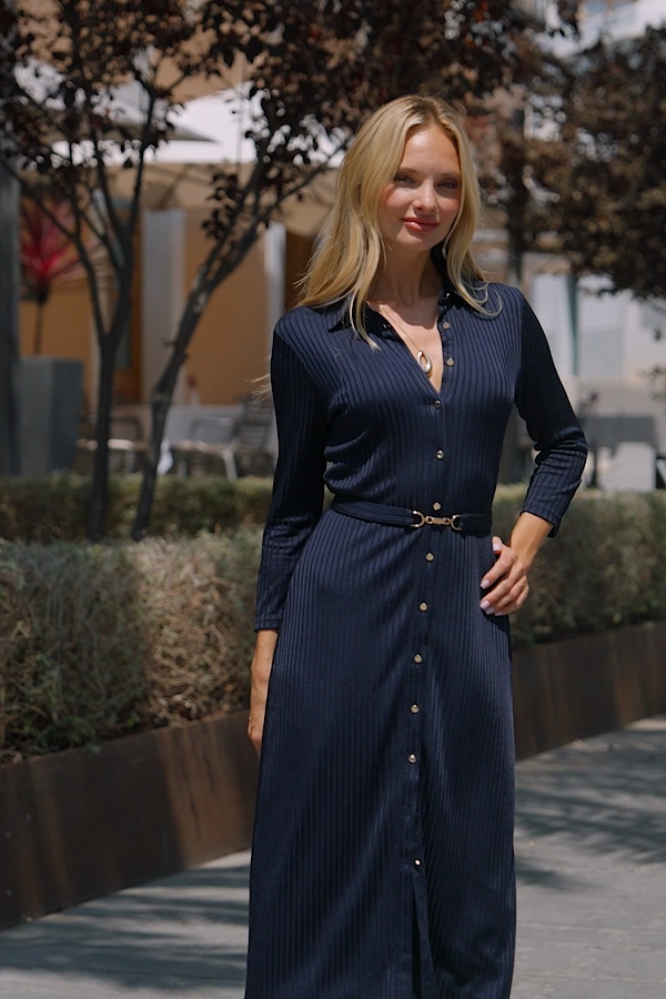 Navy Blue Premium Buckle Belted Shirt Dress
