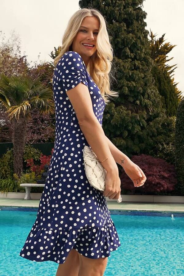 Navy White Spot Print Ruched Sleeve Jersey Shift Dress