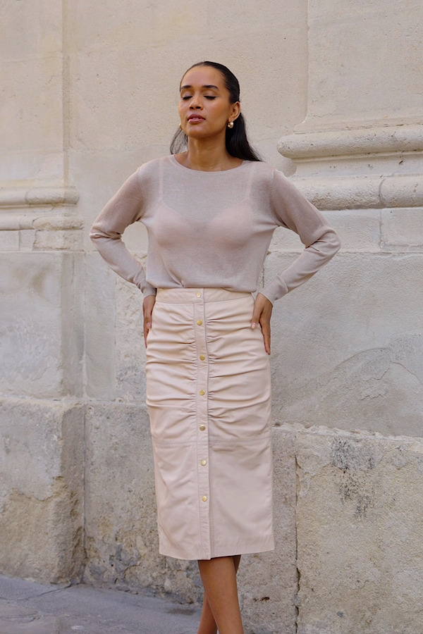 Ecru Leather Button Front Midi Skirt