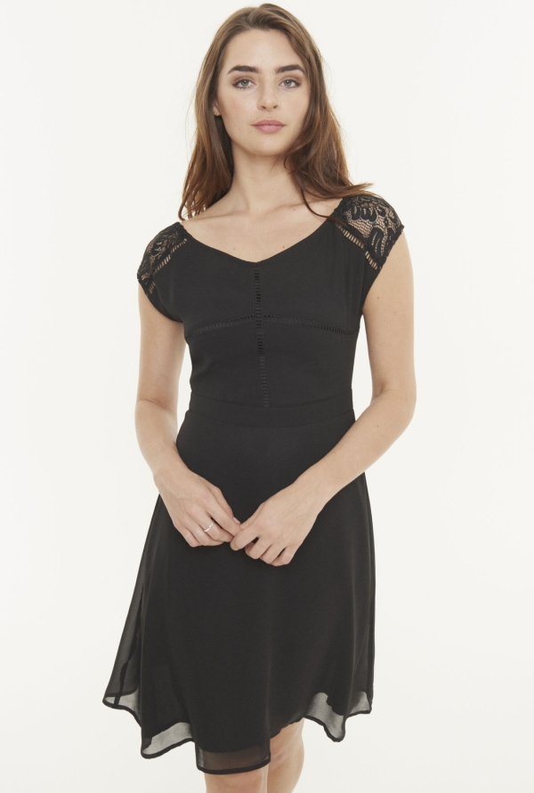 Stretch Lace Sleeve Bardot Dress