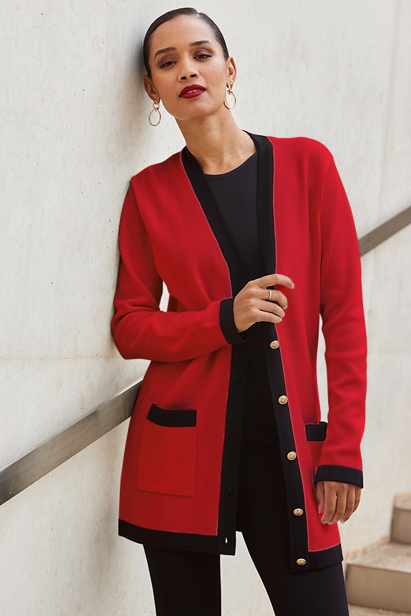 Red & Black Contrast Trim Cardigan