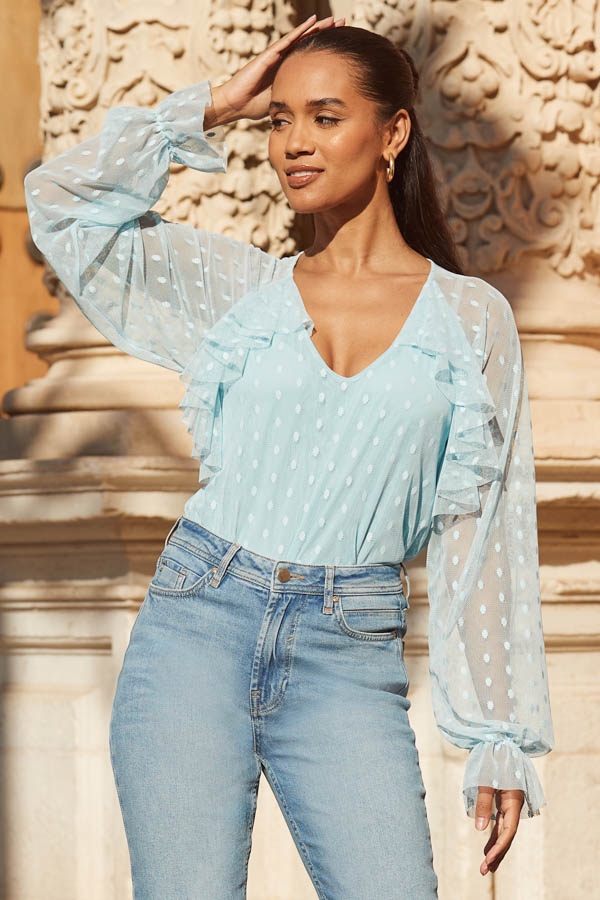 Blue Spot Print Ruffle Detail Mesh Blouse