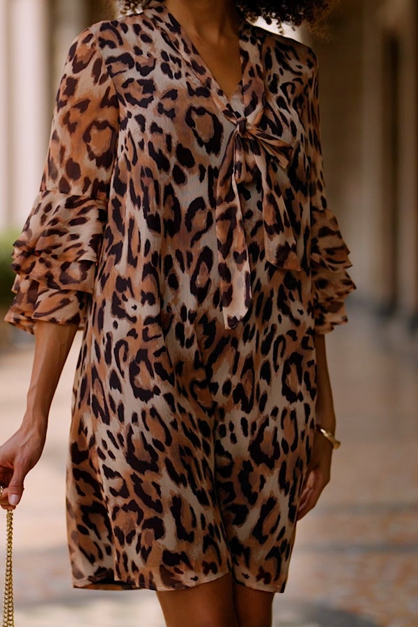 Leopard Print Frill Sleeve Tie Neck Detail Shift Dress