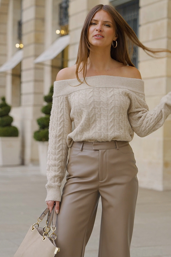 Natural Cable Knit Bardot Jumper