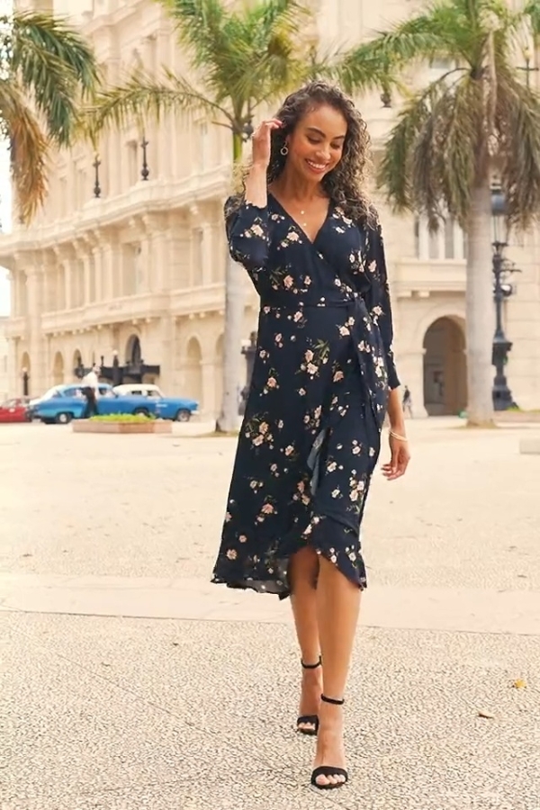 Black Floral Print Ruffle Hem Midi Wrap Dress