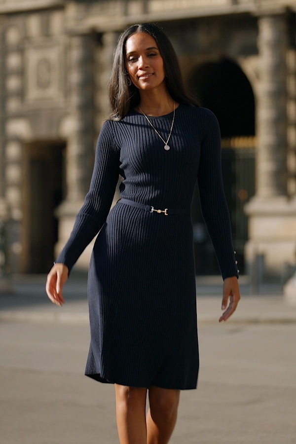 Navy Blue Ribbed Knit Fit & Flare Dress