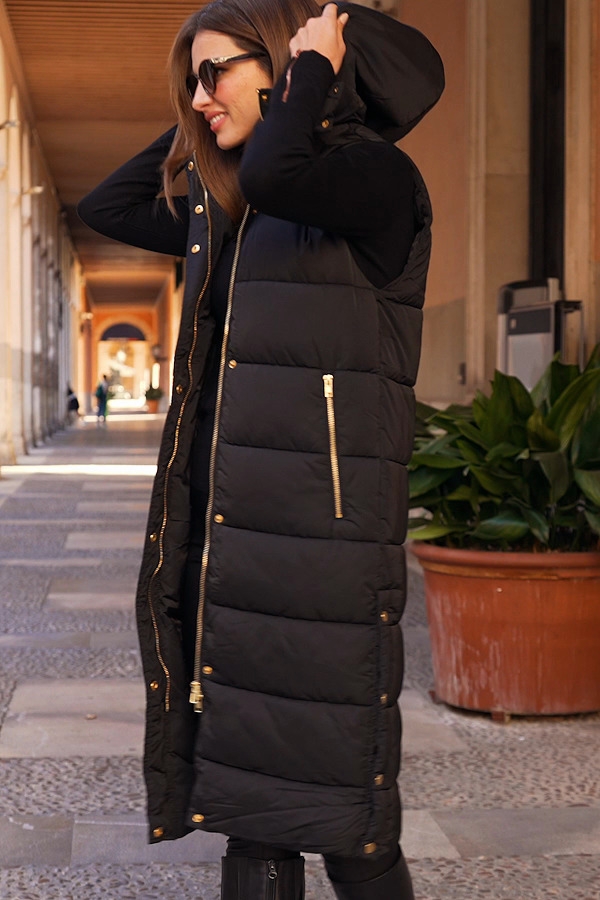 Black Longline Padded Hooded Gilet With Pockets