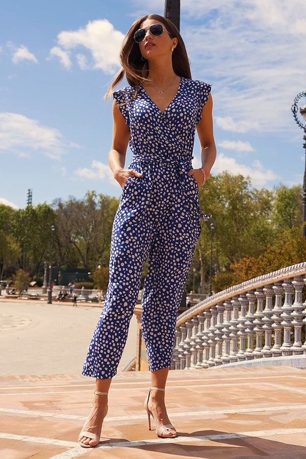 Blue White Spot Print Ruffle Shoulder Jumpsuit