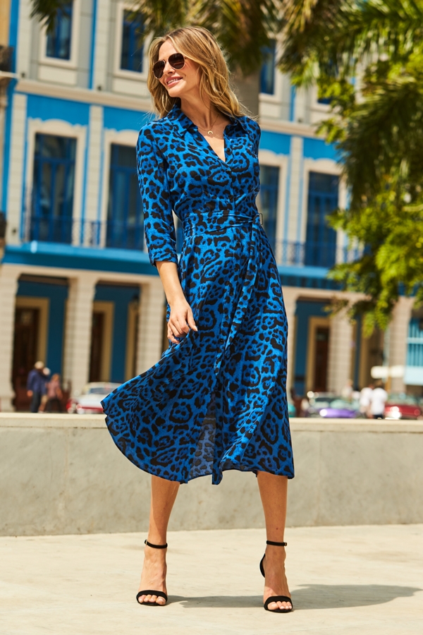 Cobalt Blue Animal Print Belted Midi Shirt Dress