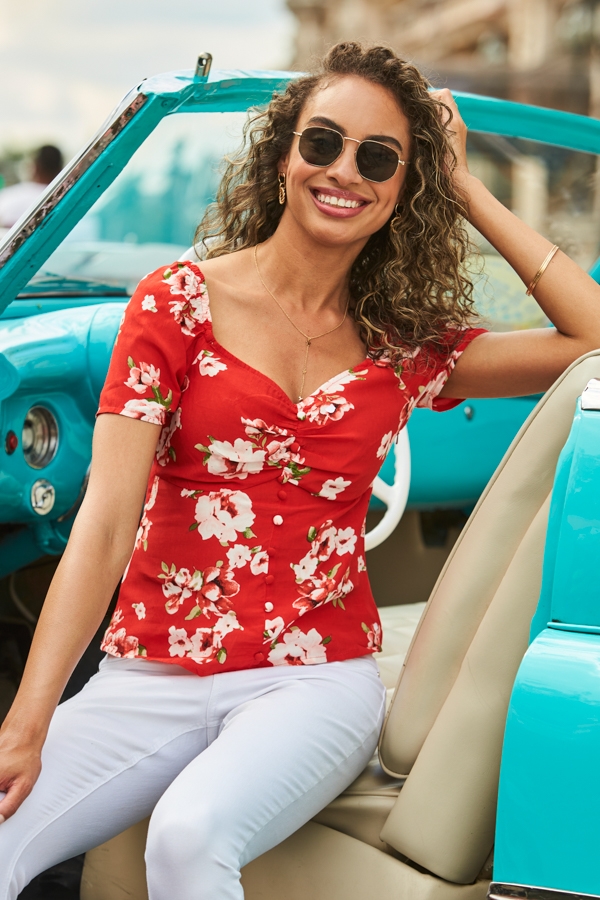Red Floral Print Button Front Top