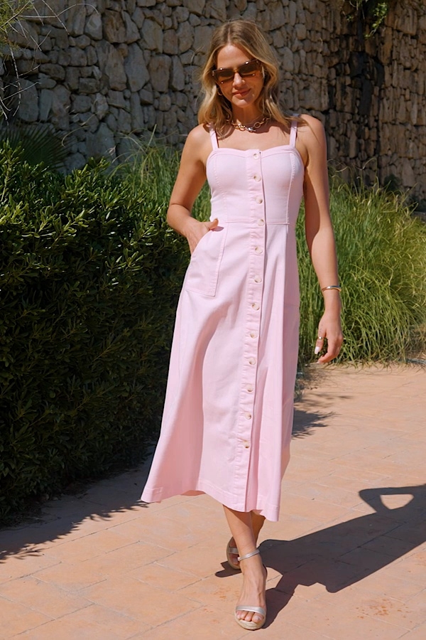 Soft Pink Denim Fit Flare Midi Multiway Dress