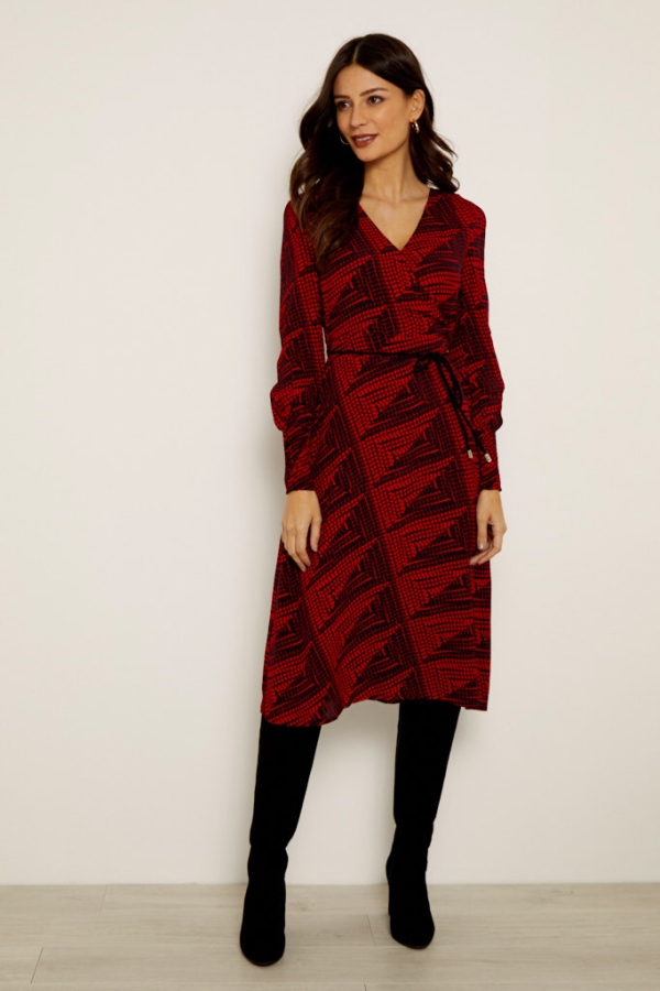 Red & Black Geometric Print Faux Wrap Front Belted Dress