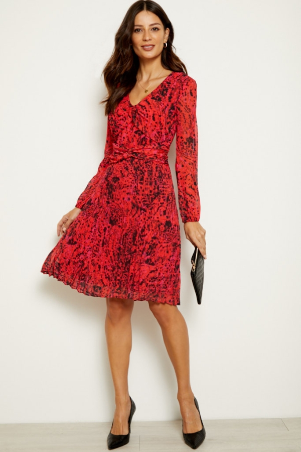 Red Abstract Print Twist Front V Neck Dress