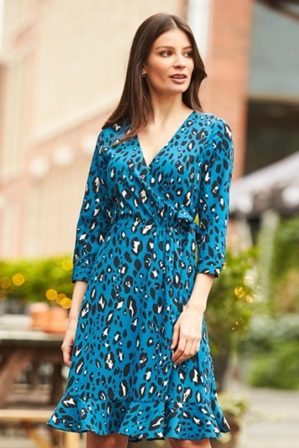Blue Leopard Print Ruffle Hem Wrap Dress