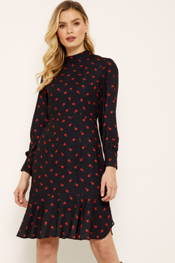 Black & Red Spot Print Fit & Flare Dress