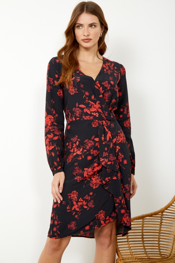 Black & Red Floral Print Ruched Faux Wrap Dress 