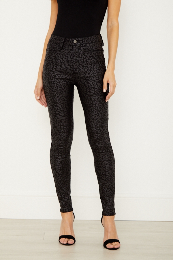 Black Textured Leopard Print Coated Skinny Jeans