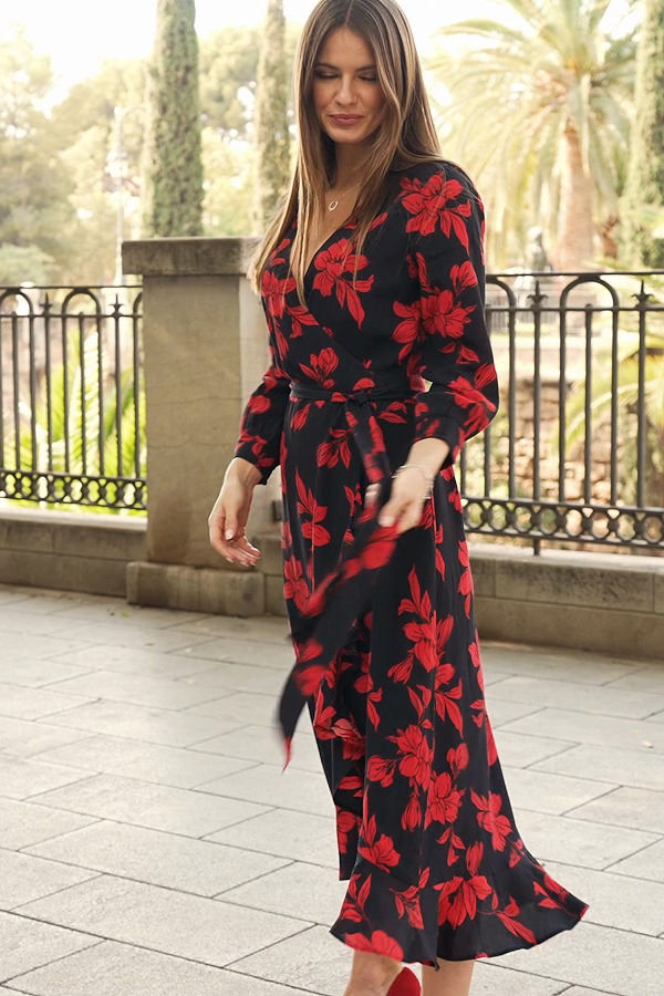 Red Floral Print Ruffle Hem Midi Wrap Dress