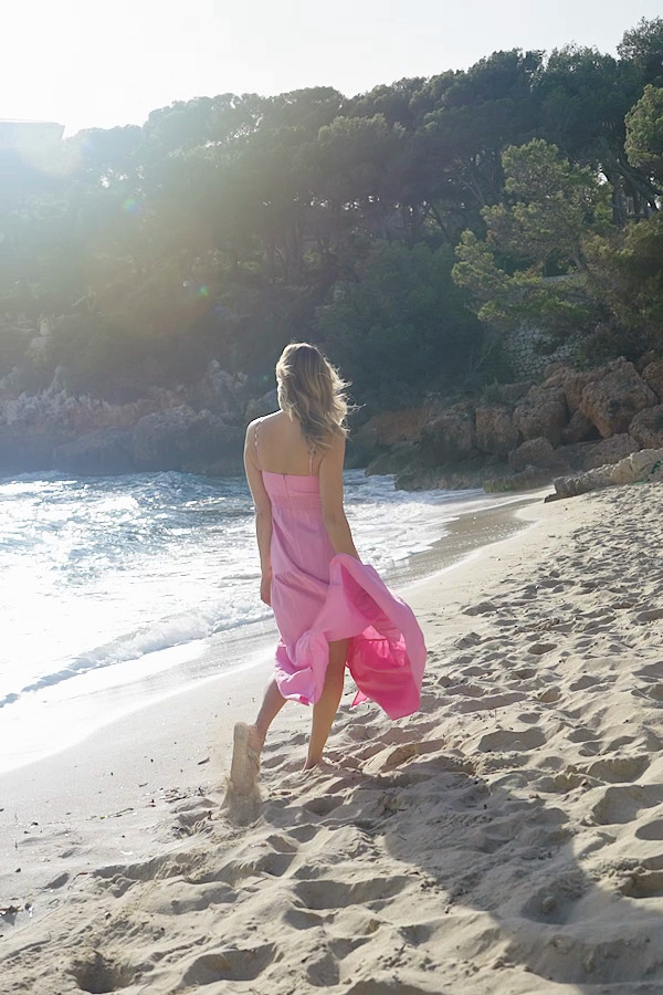 Pink Linen Rich Tiered Hem Maxi Dress