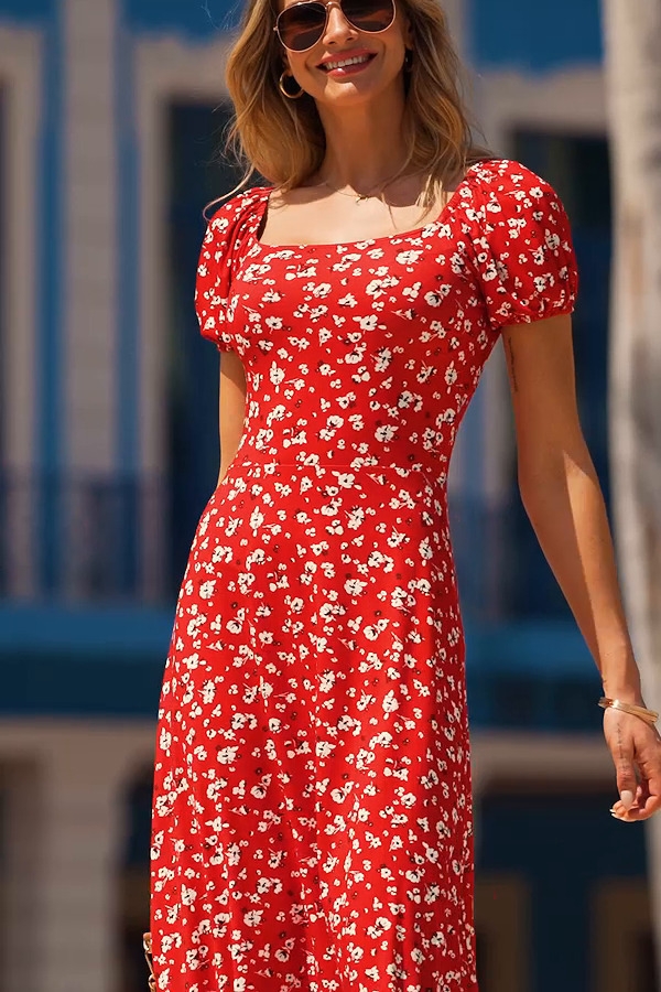 Red Ditsy Floral Print Puff Sleeve Jersey Midi Dress