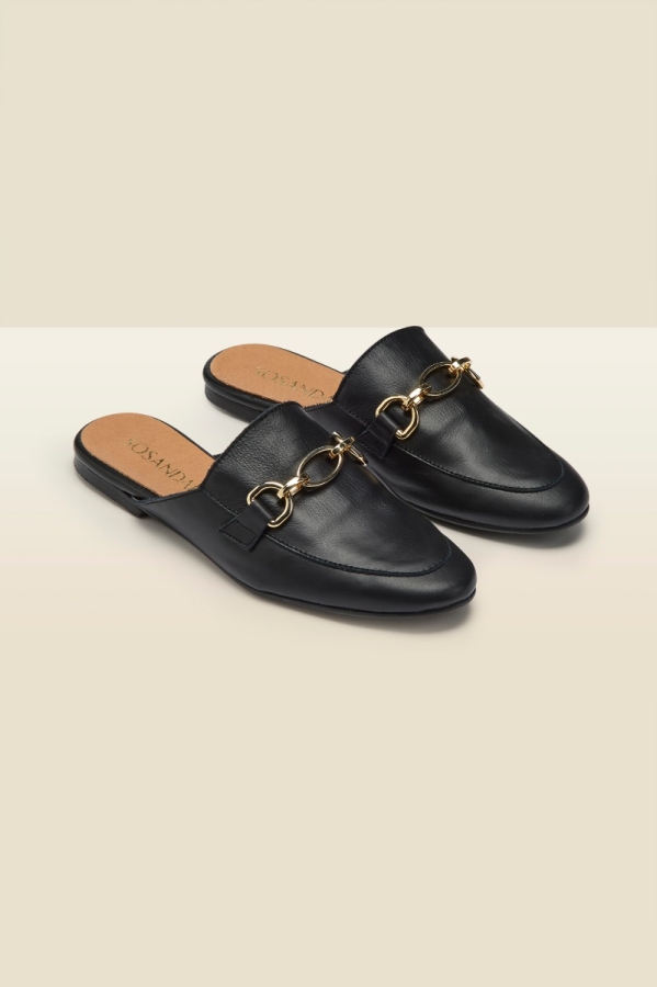 Samba Black Leather Backless Mule With Gold Trim