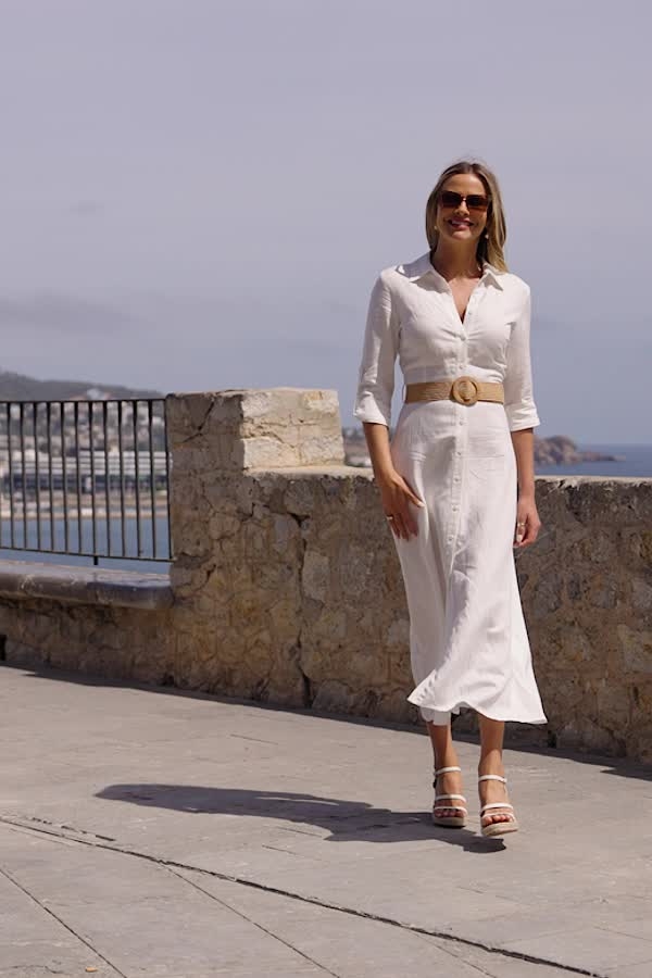White Linen Blend Midi Shirt Dress With Raffia Belt