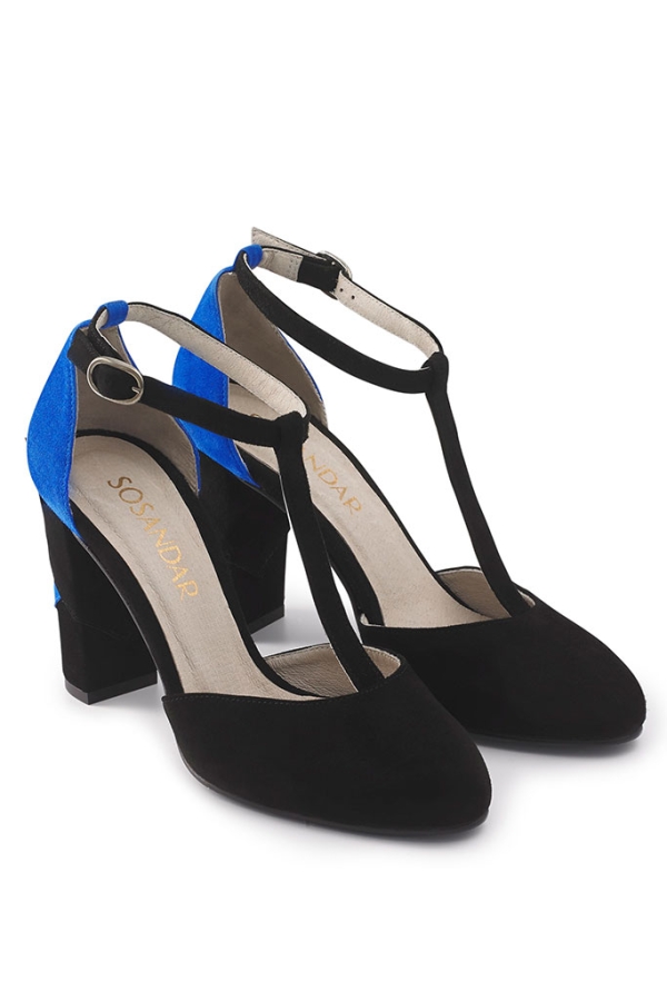 Cobalt and Black Suede T-Bar Court Shoe