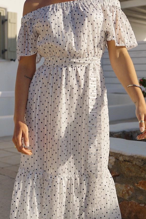 White Black Spot Print Bardot Tiered Maxi Dress