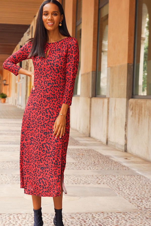 Red Black Animal Print Keyhole Detail Midi Jersey Dress