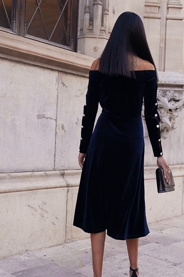 Midnight Blue Velvet Embellished Sleeve Bardot Dress