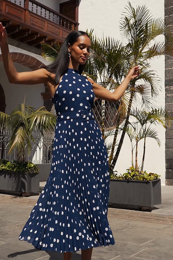 Navy Blue White Spot Print Pleated Halter Neck Dress