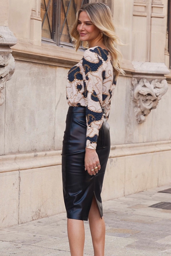 Black Faux Leather Panelled Pencil Skirt