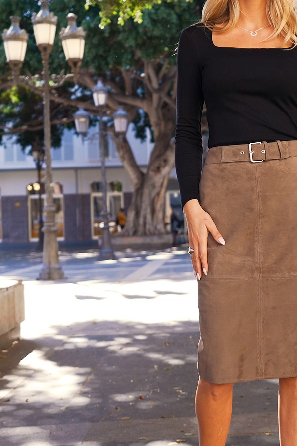 Taupe Suede Buckle Detail Pencil Skirt