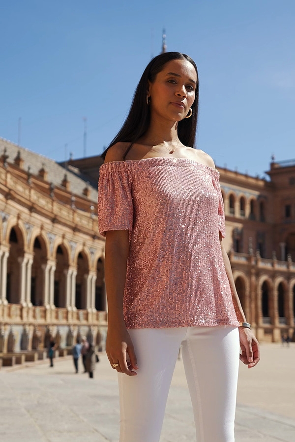 Pink Sequin Bardot Short Sleeve Top
