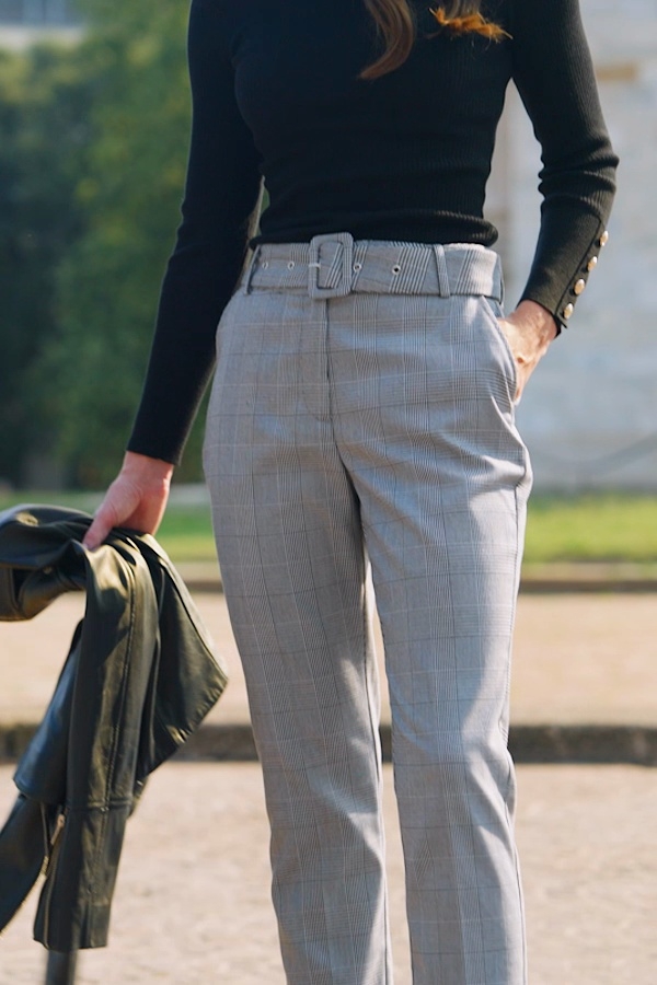 Grey Checked Print Belted Tapered Trousers