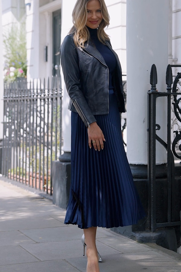 Navy Blue Pleated Satin Midi Skirt