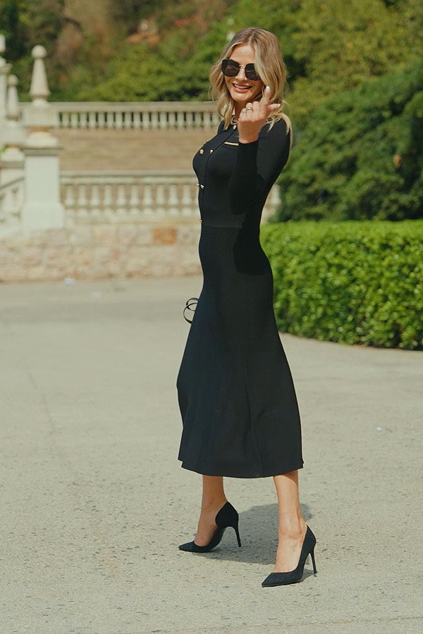 Black Button Chain Detail Fit Flare Knitted Dress