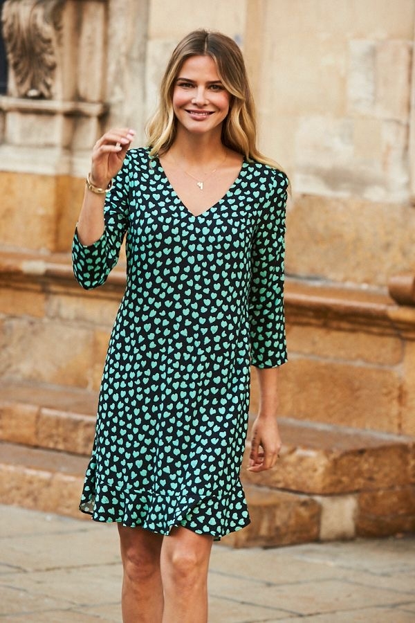 Black & Mint Green Heart Print Ruffle Hem Shift Dress