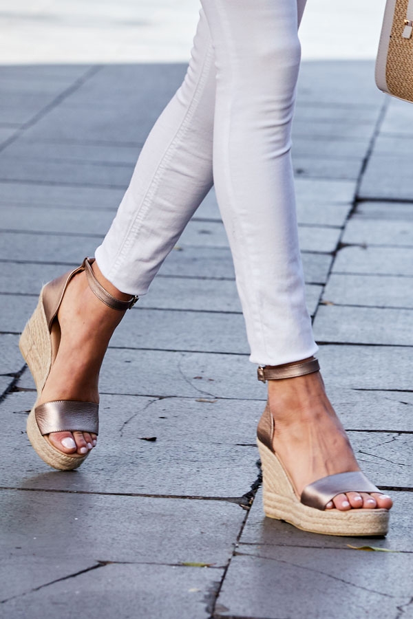 Mila Gold Leather Ankle Strap High Wedge Espadrille