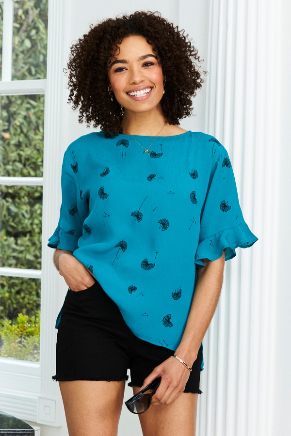 Teal Dandelion Print Ruffle Detail Top