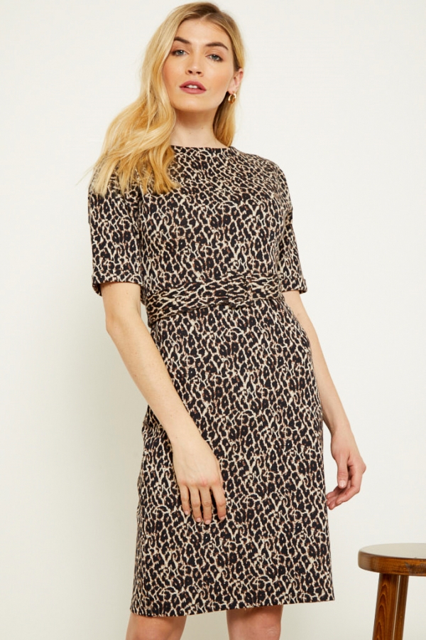 Leopard Jacquard Belted Wiggle Jersey Dress
