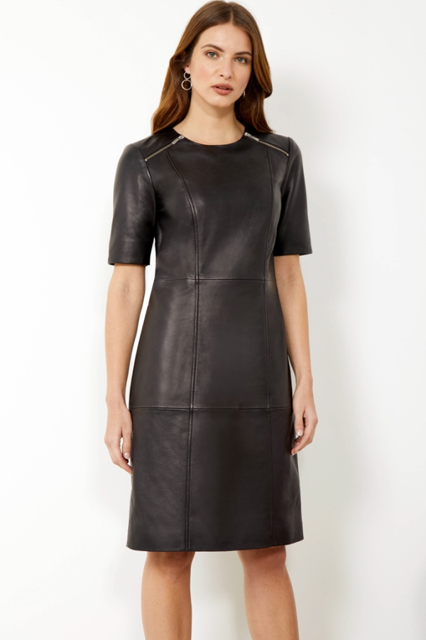 Black Leather Zip Detail Shift Dress