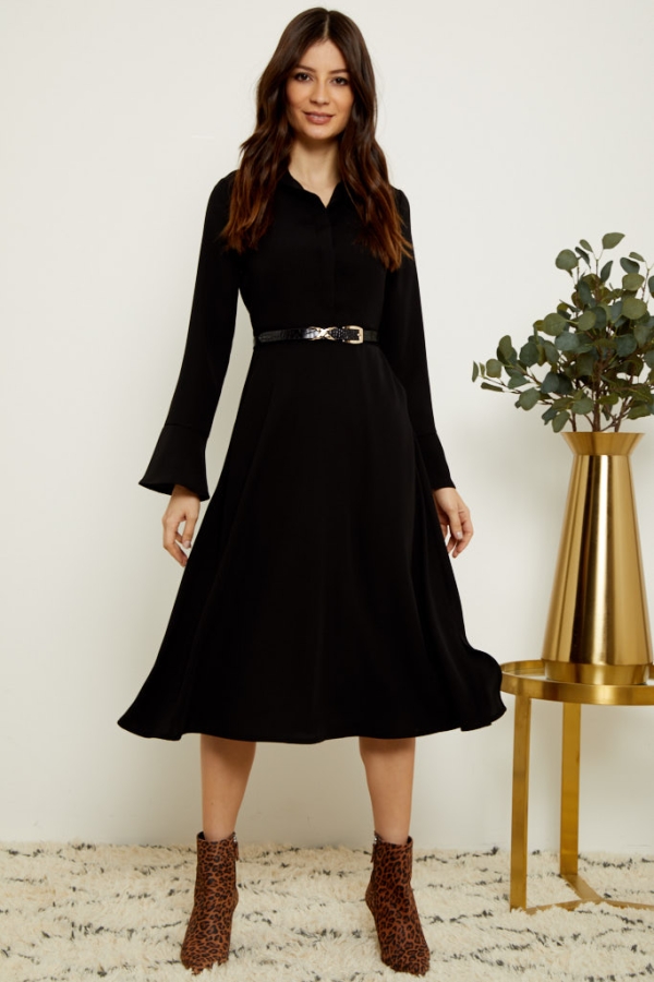 Black Button Front Fit & Flare Shirt Dress