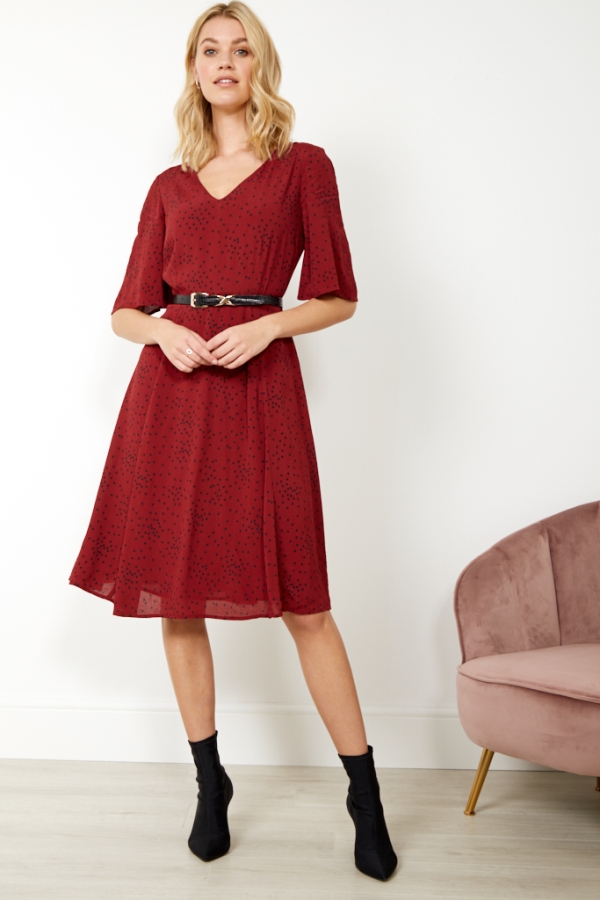 Burgundy Spot Print V Neck Dress