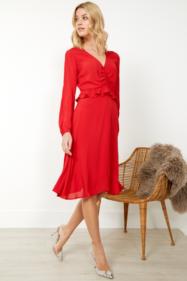 Red V Neck Ruffle Detail Fit & Flare Dress